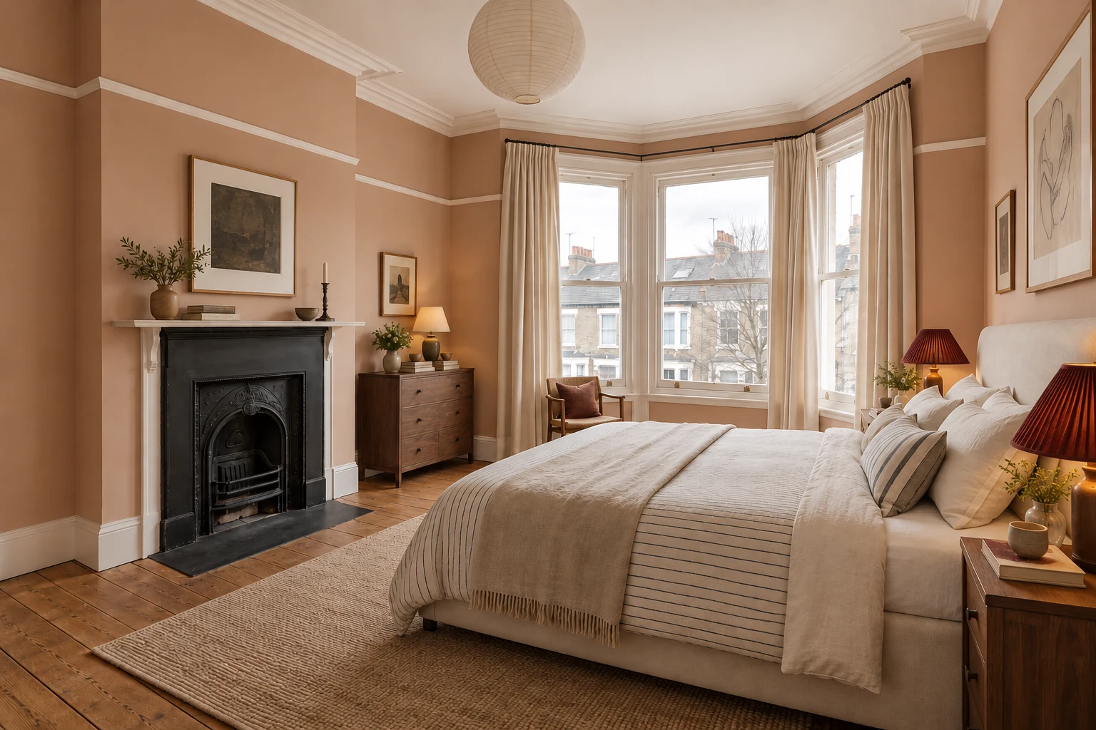 Master bedroom with warm clay walls, cream linen and walnut furniture