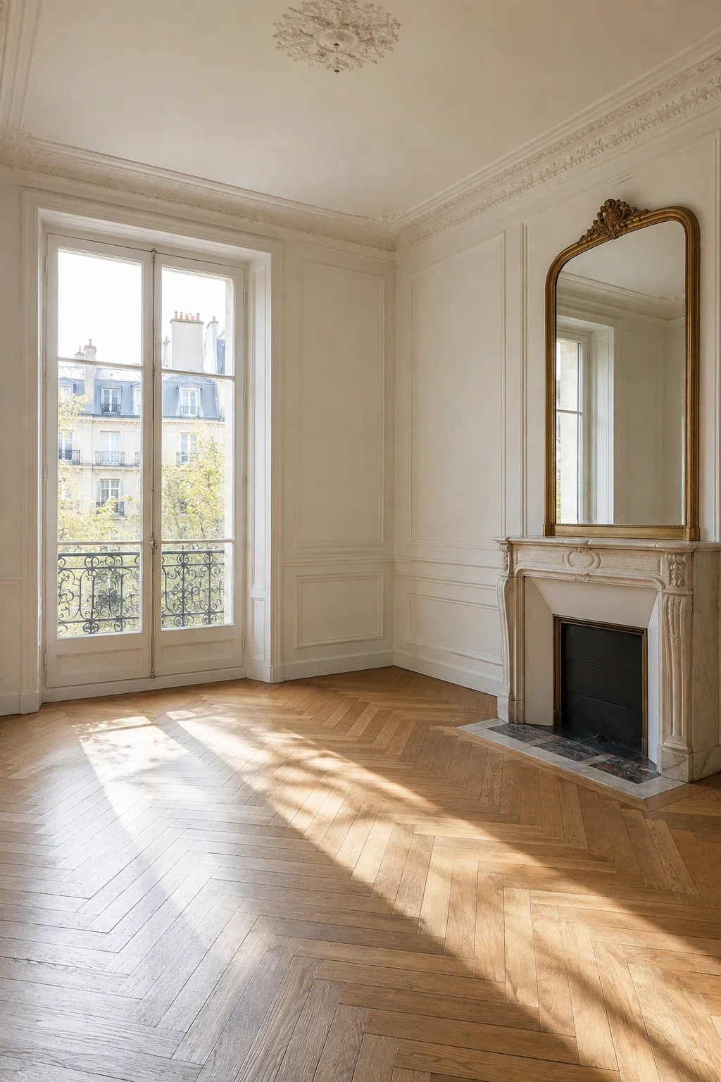 Original Paris living room with French windows, an ornate mirror, a marble fireplace and parquet floor