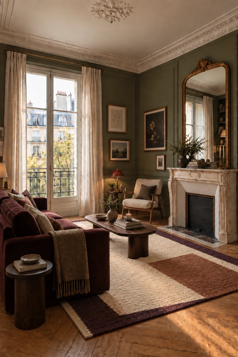 Olive and plum living room with a plum sofa, walnut table and a cream, rust and plum rug