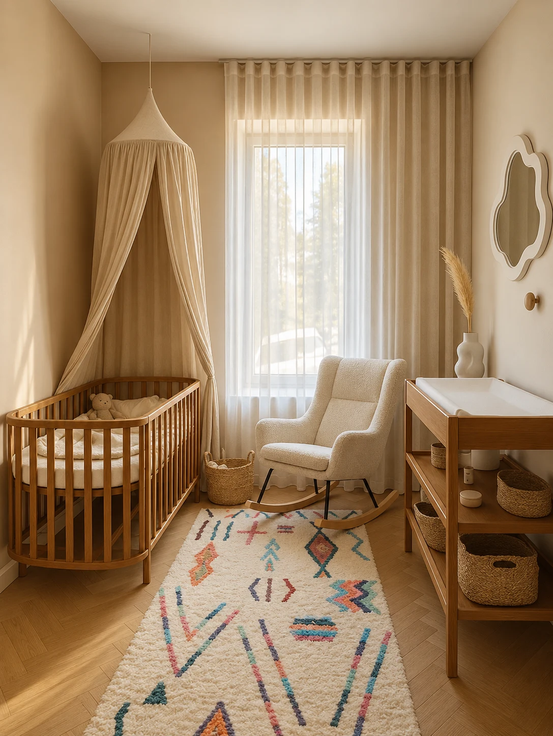 Nursery with a walnut oval cot, white bouclé rocking chair and soft plaster-pink walls